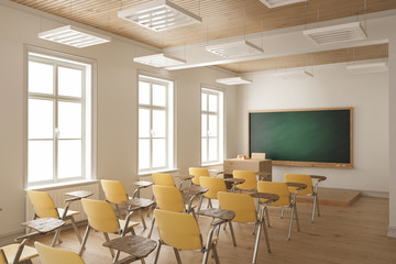 Student Desks and Chairs Arranged in a Row in the Classroom