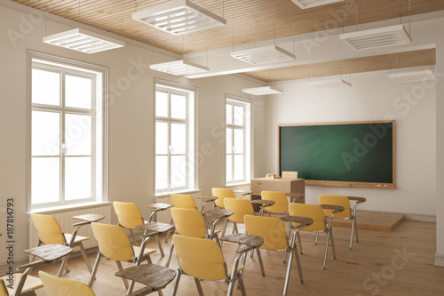 Student Desks And Chairs Arranged In A Row In The Classroom Stock