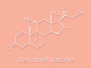 Dexamethasone glucocorticoid drug. Steroid drug with anti-inflammatory and immunosuppressant properties. Skeletal formula.
