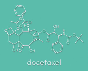 Docetaxel cancer chemotherapy drug molecule. Taxane class drug used in treatment of breast, prostate, lung and ovarian cancer (etc.) Skeletal formula.