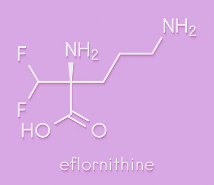 Eflornithine drug molecule. Used to treat facial hirsutism (excessive hair growth) and African trypanosomiasis (sleeping sickness). Skeletal formula.