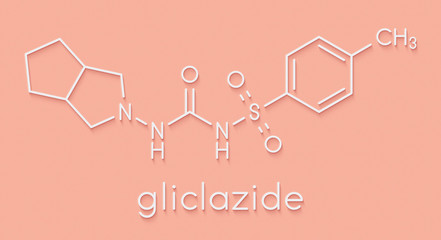 Gliclazide diabetes drug molecule. Sulfonylurea class anti-diabetic agent. Skeletal formula.