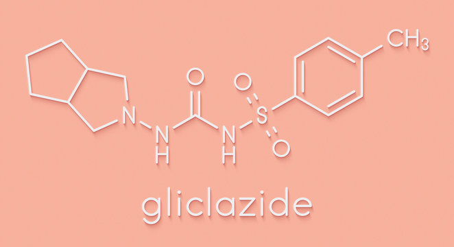Gliclazide diabetes drug molecule. Sulfonylurea class anti-diabetic agent. Skeletal formula.