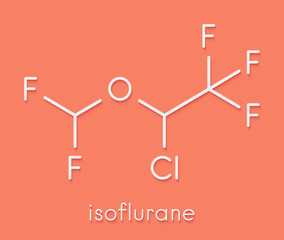 Isoflurane anesthetic drug molecule. Used for inhalational anesthesia during surgery. Skeletal formula.