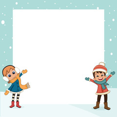 Kids in winter clothes with blank board