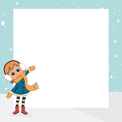 Little girl in winter clothes with blank board