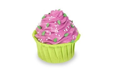 Green cupcake with pink cream. Isolated on white background