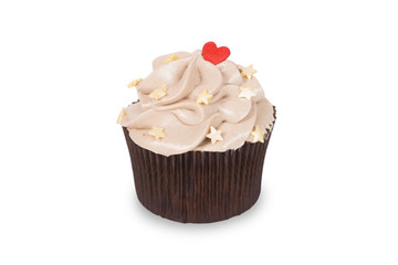 Chocolate cupcake with cream. Isolated on white background