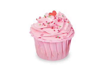 Pink cupcake with pink cream. Isolated on white background