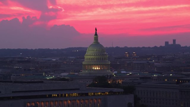 Washington, D.C. circa-2017, Aerial view of US Capitol Dome at sunset.  Shot with Cineflex and RED Epic-W Helium. 