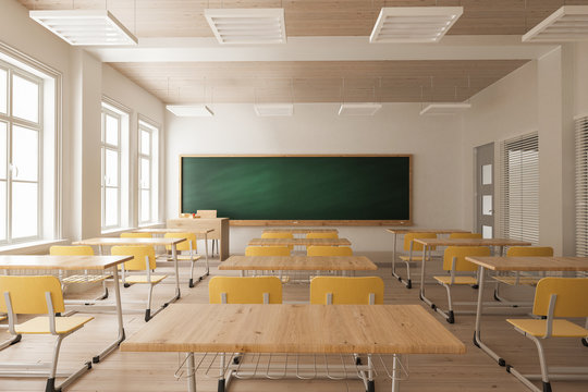 Classroom with Double Desks and Inner Blinds