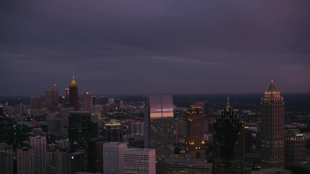 Atlanta, Georgia circa-2017, Aerial shot of downtown Atlanta at dusk.  Shot with Cineflex and RED Epic-W Helium. 