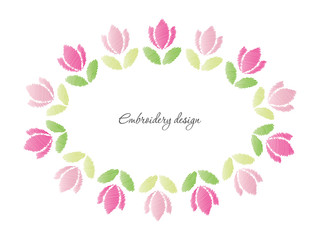 Floral oval frame. Embroidered tulips isolated on white.