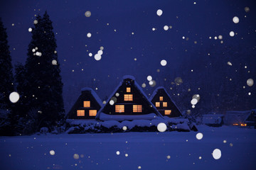 Naklejka premium 白川郷 雪蛍が舞う合掌集落