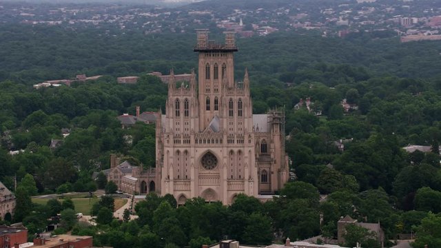 Washington, D.C. circa-2017, Aerial view of the National Cathedral.  Shot with Cineflex and RED Epic-W Helium. 