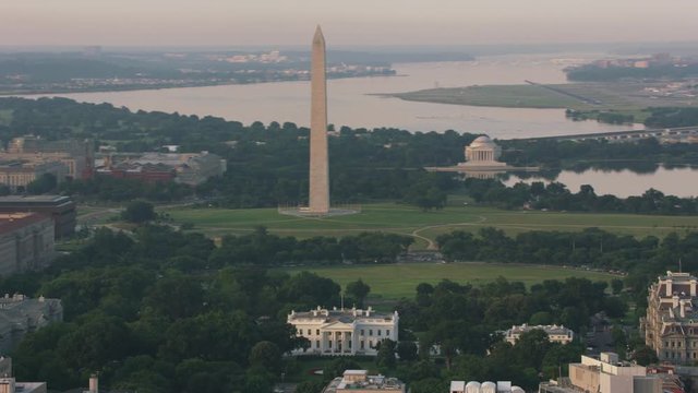Washington, D.C. circa-2017, Aerial view of White House, Washington Monument and Jefferson Memorial.  Shot with Cineflex and RED Epic-W Helium. 