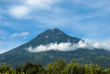 Stunning view of volcano in Guatemala called Agua. 3,760 m. Central America. Nature reserve attractive landscape tourism.
