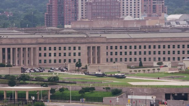 Washington, D.C. circa-2017, Two government helicopters in front of Pentagon.  Shot with Cineflex and RED Epic-W Helium. 