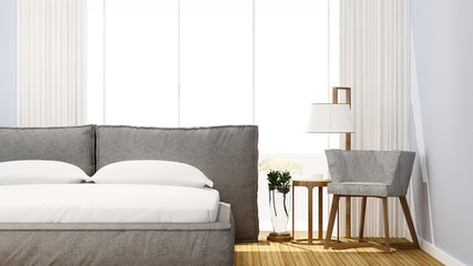 Bedroom and living area in hotel or home on sunshine day - bedroom artwork room for rent fo apartment or other room - 3D Rendering