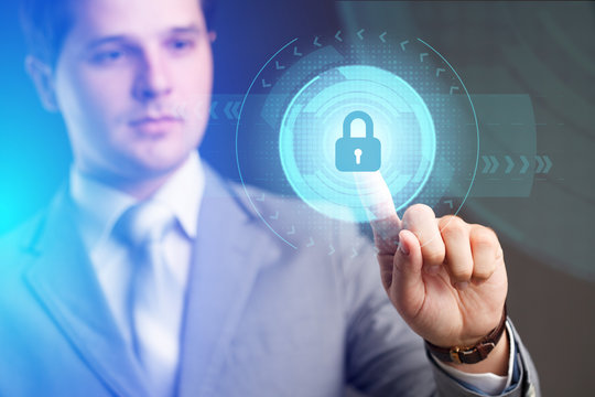 Security services, cybersecurity and protection concept.Businessman offer padlock symbol of security.Business, technology