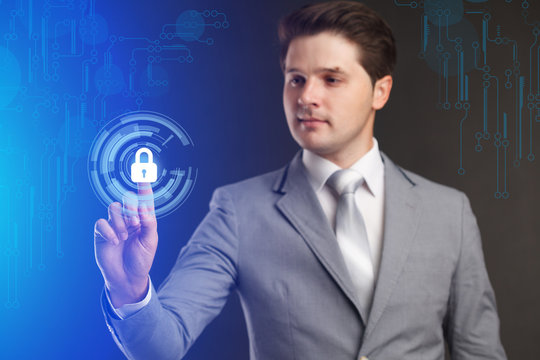 Security services, cybersecurity and protection concept.Businessman offer padlock symbol of security.Business, technology