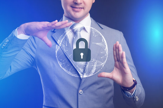 Security services, cybersecurity and protection concept.Businessman offer padlock symbol of security.Business, technology