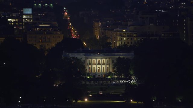 Washington, D.C. circa-2017, Aerial view of White House at night.  Shot with Cineflex and RED Epic-W Helium. 