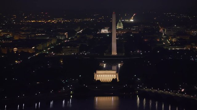 Washington, D.C. circa-2017, Early morning aerial view of the Lincoln Memorial, Washington Monument and Capitol Building at night.  Shot with Cineflex and RED Epic-W Helium. 