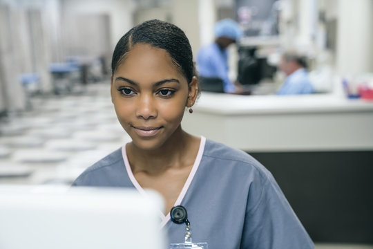 Nurse using computer
