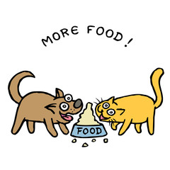 Cute dog Kik and cat Tik divide food from one bowl. Vector illustration