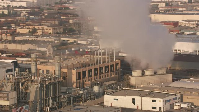 Los Angeles, California circa-2017, Aerial shot of Los Angeles factory in early morning.  Shot with Cineflex and RED Epic-W Helium. 