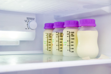 Breast Milk In The Bottle Inside Refrigerator  , Newborn Food Concept