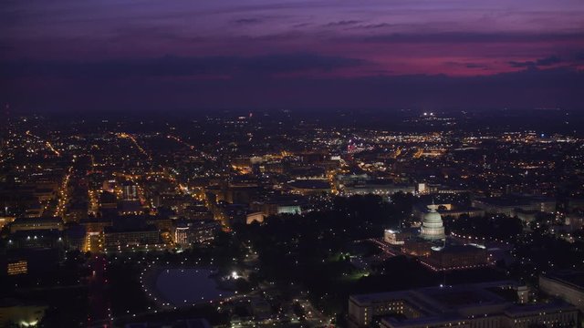 Washington, D.C. circa-2017, Wide aerial view of city and Capitol at dawn.  Shot with Cineflex and RED Epic-W Helium. 