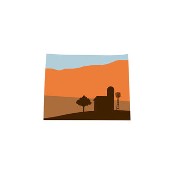 Wyoming State Shape with Farm at Sunset w Windmill, Barn, and a Tree