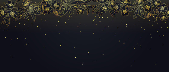 Fototapeta na wymiar card with stylized cherry blossom . golden blossoming cherry on a dark background. springtime . panorama. Spring night in the cherry orchard. starry sky. Vector Illustration .Eps 10.
