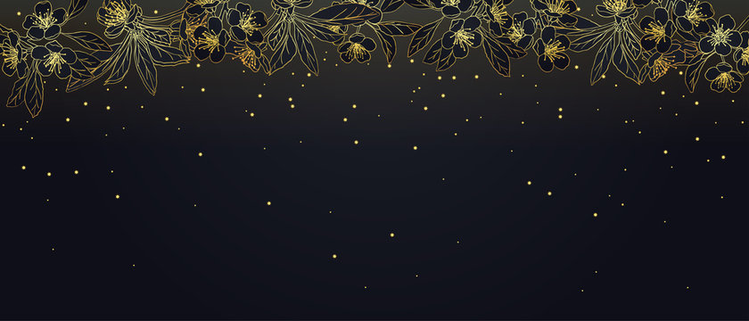 card with stylized cherry blossom . golden blossoming cherry on a dark background. springtime . panorama. Spring night in the cherry orchard. starry sky. Vector Illustration .Eps 10.