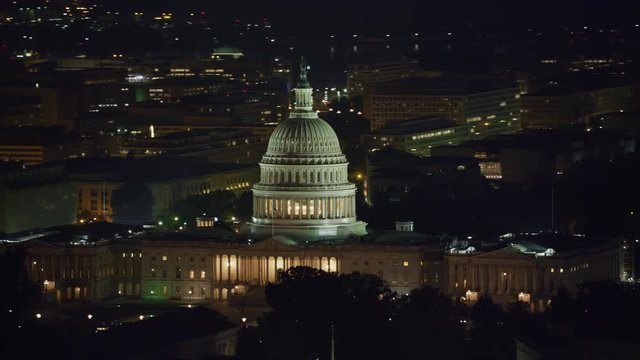 Washington, D.C. circa-2017, Aerial view of the United States Capitol building at night.  Shot with Cineflex and RED Epic-W Helium. 