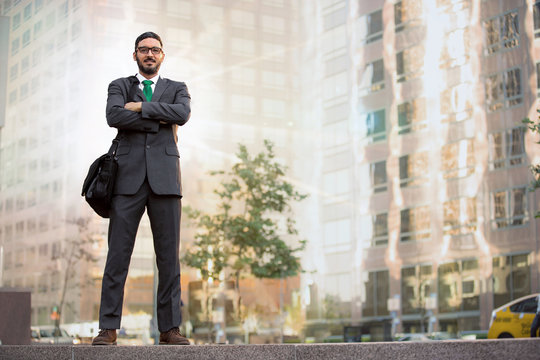 Finance Manager Owner Ceo Business Man Standing Confidently With Pride In Front Of Financial Building District