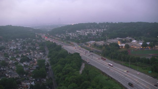 New York City circa-2017, Aerial view of Interstate 287 approaching Verrazano-Narrows Bridge.  Shot with Cineflex and RED Epic-W Helium. 