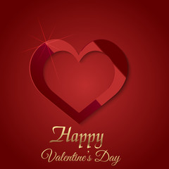 Valentine's day greeting card with glowing red heart and golden text. Vector