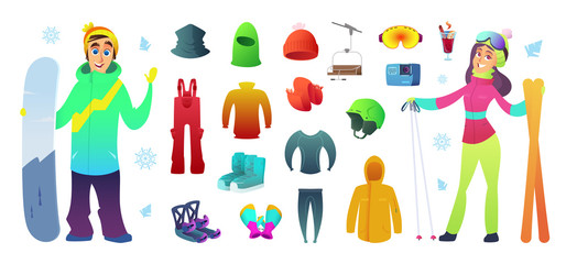 Ski and snowboarding collection icons equipment and funny characters design