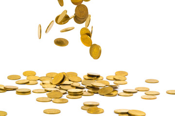 Falling gold coins money isolated on the white background, business concept.