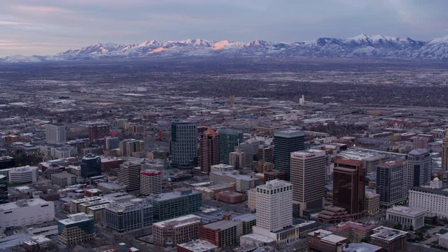 Salt Lake City, Utah circa-2017, Aerial wide shot of Salt Lake City and Wasatch Mountain Range in early morning