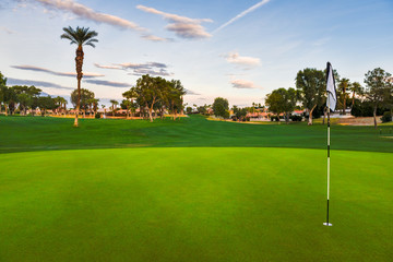 Golf course green with flag stick