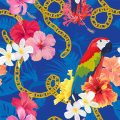 Obraz premium Beautiful seamless pattern with hibiscus syriacus flowers and macaw on blue background. Vector set of blooming tropical floral for wedding invitations, greeting card and fashion design.