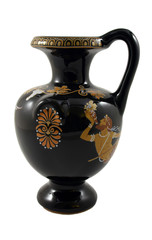 Ancient Greek vase with mythological paintings on white background.
