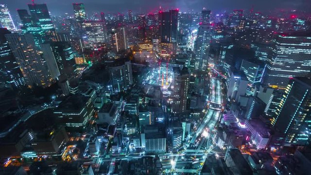 Time-lapse of traffic moving through Toranomon, Tokyo, Japan at night