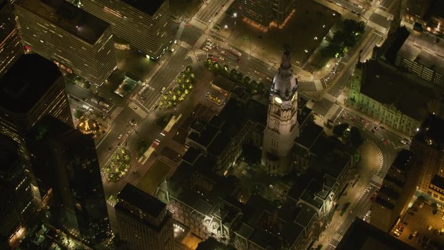Philadelphia, Pennsylvania circa-2017, Aerial view of Philadelphia City Hall at night.  Shot with Cineflex and RED Epic-W Helium. 
