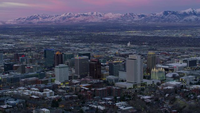 Salt Lake City, Utah circa-2017, Aerial wide shot of Salt Lake City and Wasatch Mountain Range in early morning