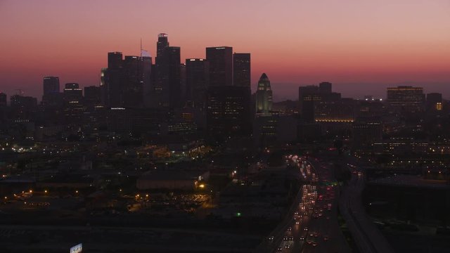 Los Angeles, California circa-2017, Approaching downtown Los Angeles at dusk.  Shot with Cineflex and RED Epic-W Helium. 